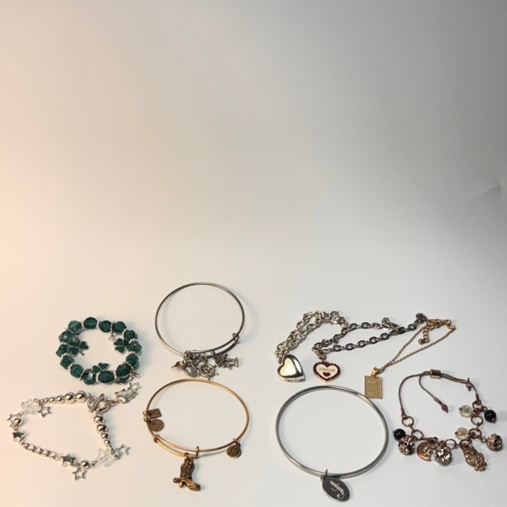 Mixed Charm Bracelets Gold Silver Tone Alex and Ani and Others 8pc